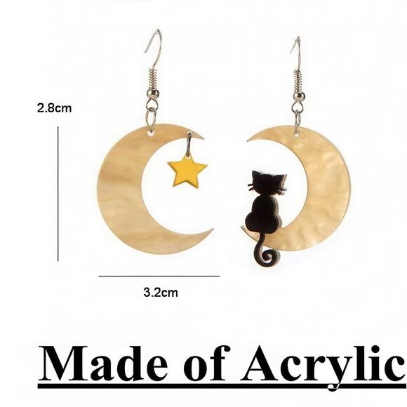 Black Cat Yellow Crescent Moon Acrylic Earrings with Gold Star - Picture 4 of 4